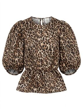 H&M Leopard Print Puff Sleeve Peplum Top - Brown/Black/Tan